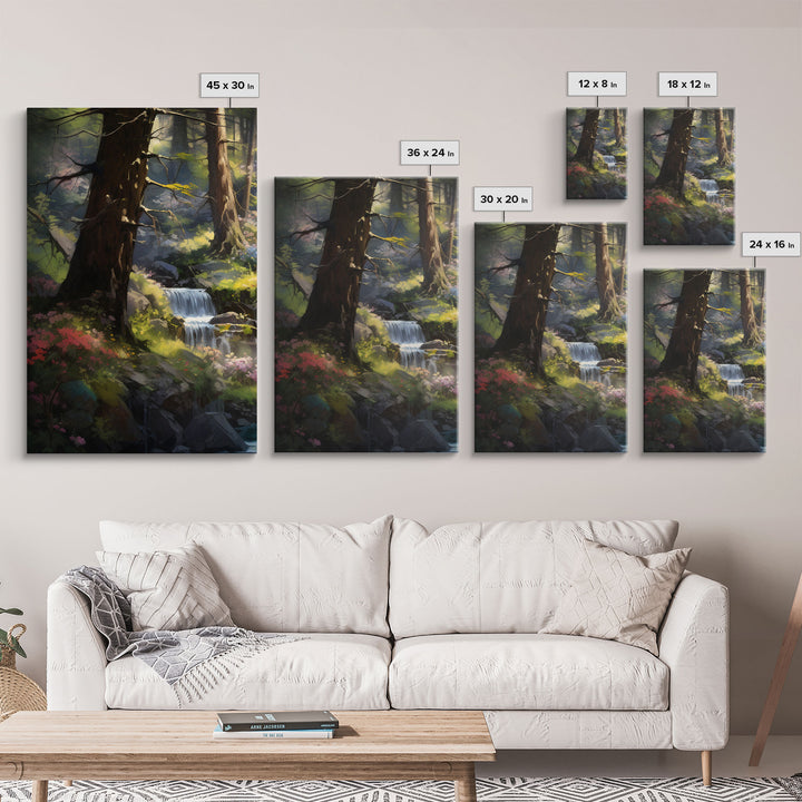 The Secret Waterfall, 3 Piece Set, Framed Canvas Print, Fantasy Wall Art, Watercolor Painting, Whimsical Minimalist Decor, Farmhouse Art