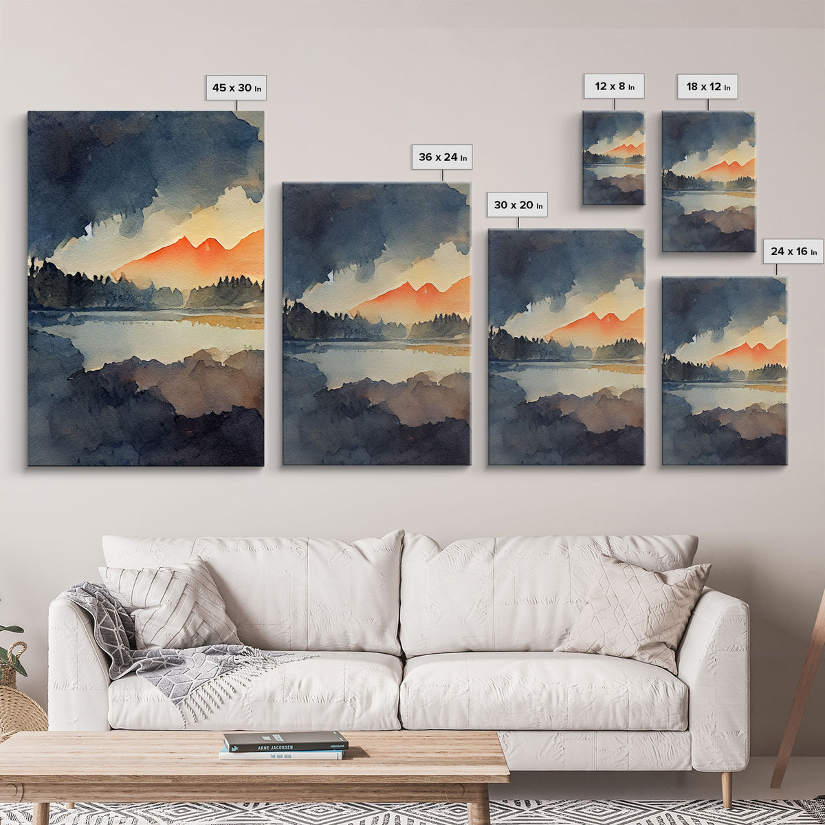 3 Piece Canvas Wall Decor, Ready To Hang Canvas Prints, Watercolor Of A Forest Fire, Orange Landscape Sunset Art, Canvas Wall Decor