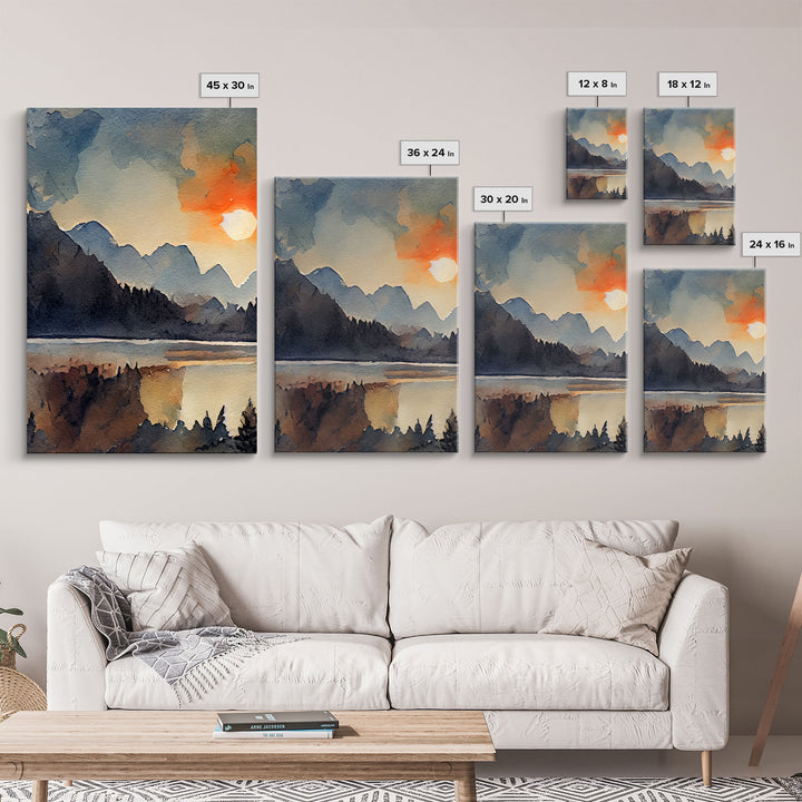 Watercolor Painting Of A Sunrise, Orange Forest and Mountain Landscape, 3 Piece Canvas Decor, 3 Piece Wall Art, Ready To Hang Canvas Prints