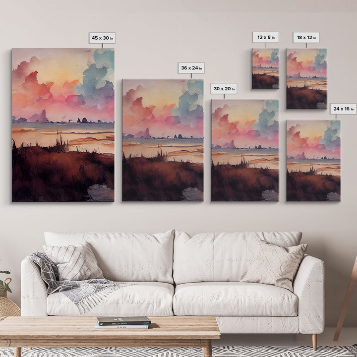 Watercolor of a beach at sunset, Abstract Lakehouse Wall Decor, 3 Piece Canvas Decor, 3 Piece Wall Art, Ready To Hang Canvas Prints