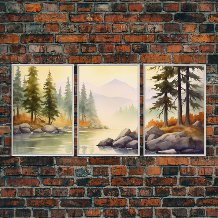 Beautiful Wall Art 3 Piece Canvas Print Framed Wall Decor, Watercolor Landscape Painting Print, Pacific Northwest, Oregon Art