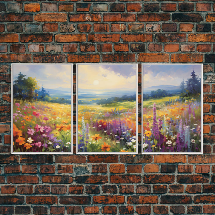 Beautiful Wildflowers Triptych, Wild Flower Art, Watercolor Floral Framed Canvas Print, Wall Art, Rustic Farmhouse Decor, 3 Piece Set