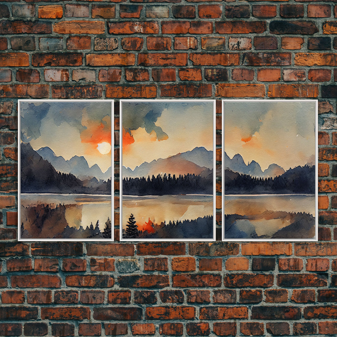 Watercolor Painting Of A Sunrise, Orange Forest and Mountain Landscape, 3 Piece Canvas Decor, 3 Piece Wall Art, Ready To Hang Canvas Prints