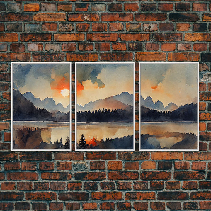 Watercolor Painting Of A Sunrise, Orange Forest and Mountain Landscape, 3 Piece Canvas Decor, 3 Piece Wall Art, Ready To Hang Canvas Prints