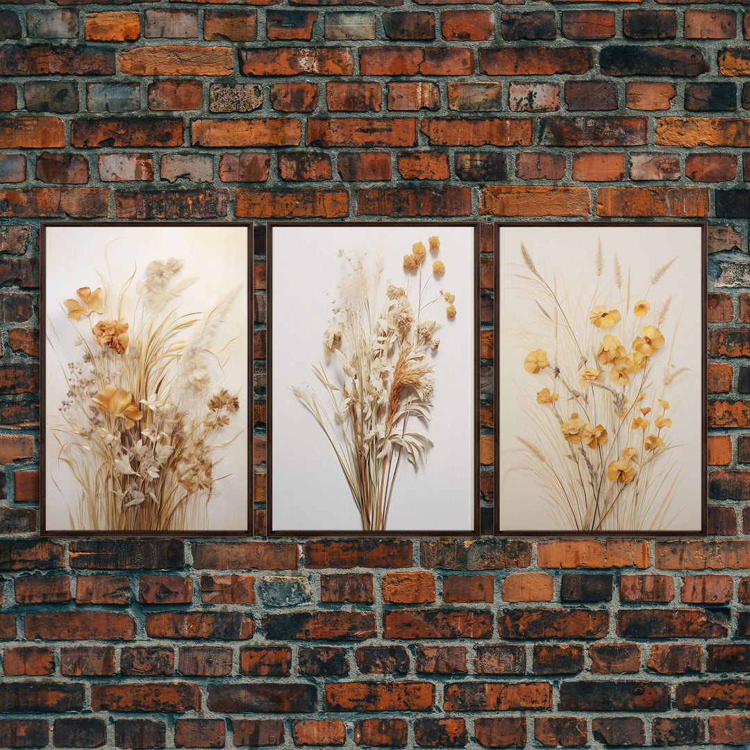 Framed Canvas Wall Art Set of 3, Modern Farmhouse Decor, Botanical Prints, Neutral Colors, Minimalist Art, Boho Home Decor