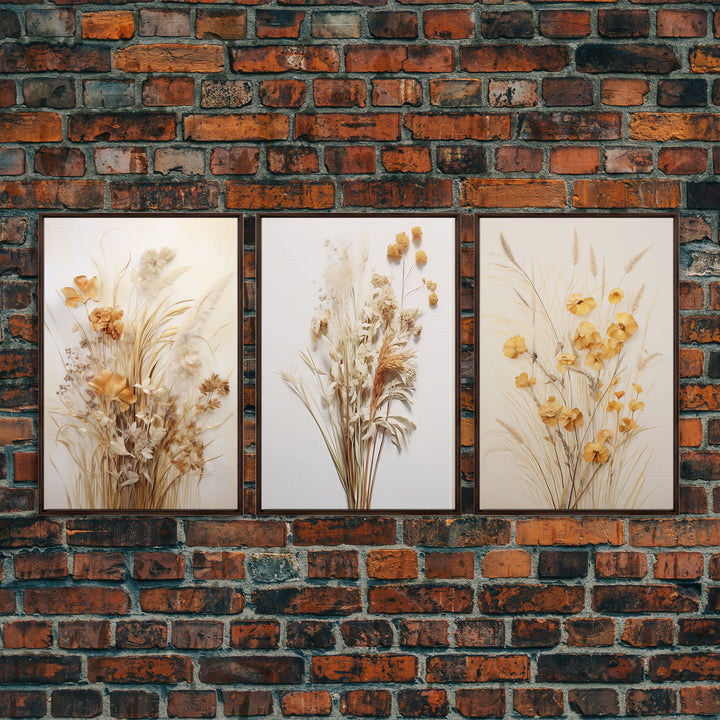 Framed Canvas Wall Art Set of 3, Modern Farmhouse Decor, Botanical Prints, Neutral Colors, Minimalist Art, Boho Home Decor
