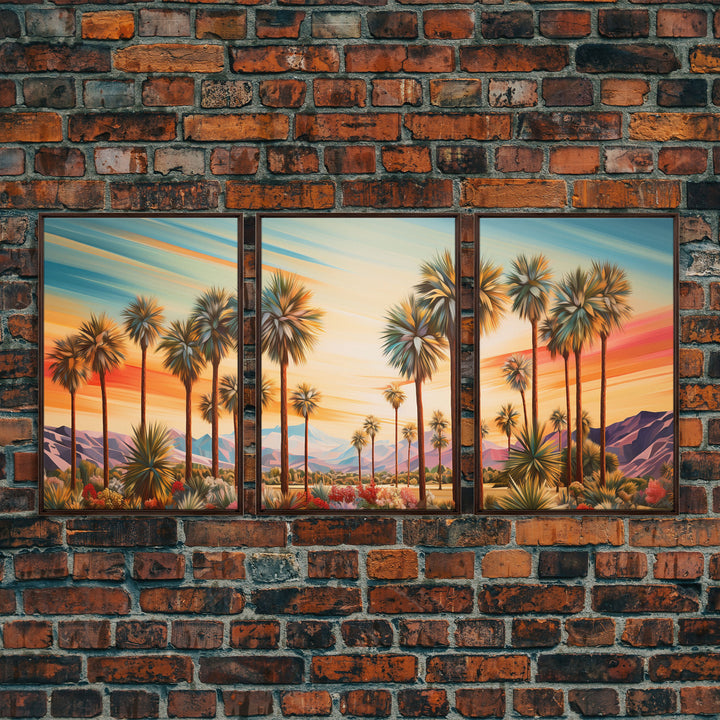 Retro Vibes, Arizona Desert Sunset, Framed Canvas Prints, 3 Piece Wall Art, Arizona Desert, Vintage Style Landscape Art, Southwestern Decor