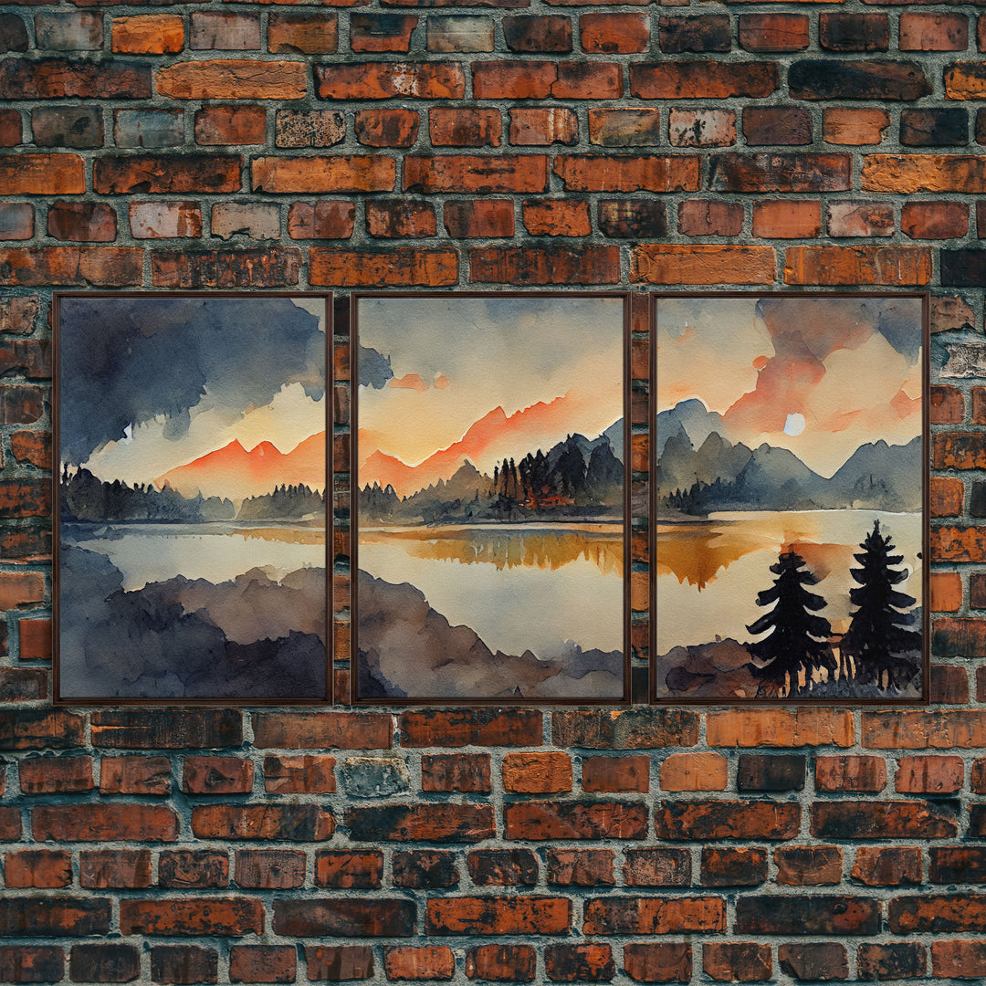 3 Piece Canvas Wall Decor, Ready To Hang Canvas Prints, Watercolor Of A Forest Fire, Orange Landscape Sunset Art, Canvas Wall Decor