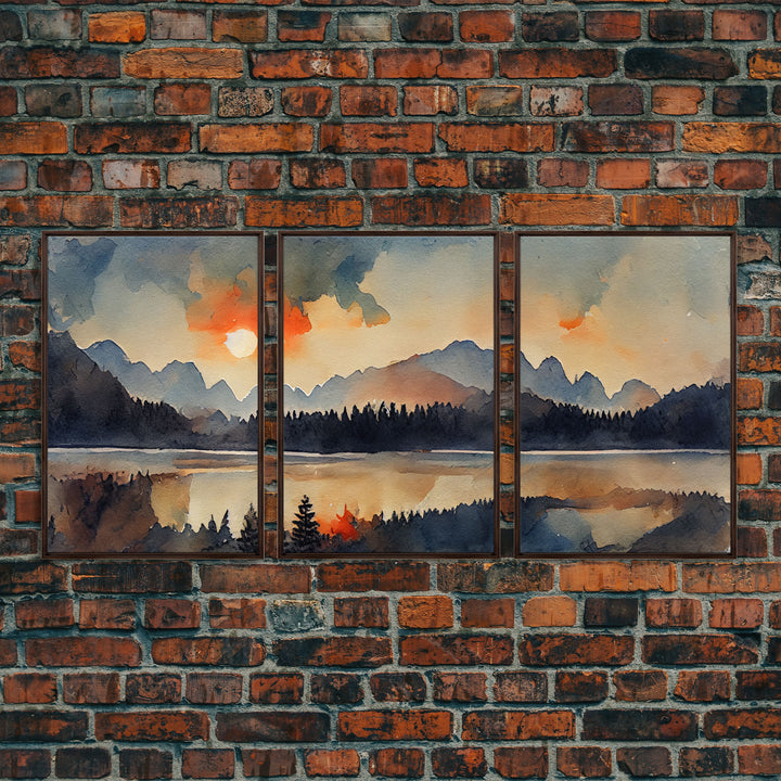 Watercolor Painting Of A Sunrise, Orange Forest and Mountain Landscape, 3 Piece Canvas Decor, 3 Piece Wall Art, Ready To Hang Canvas Prints