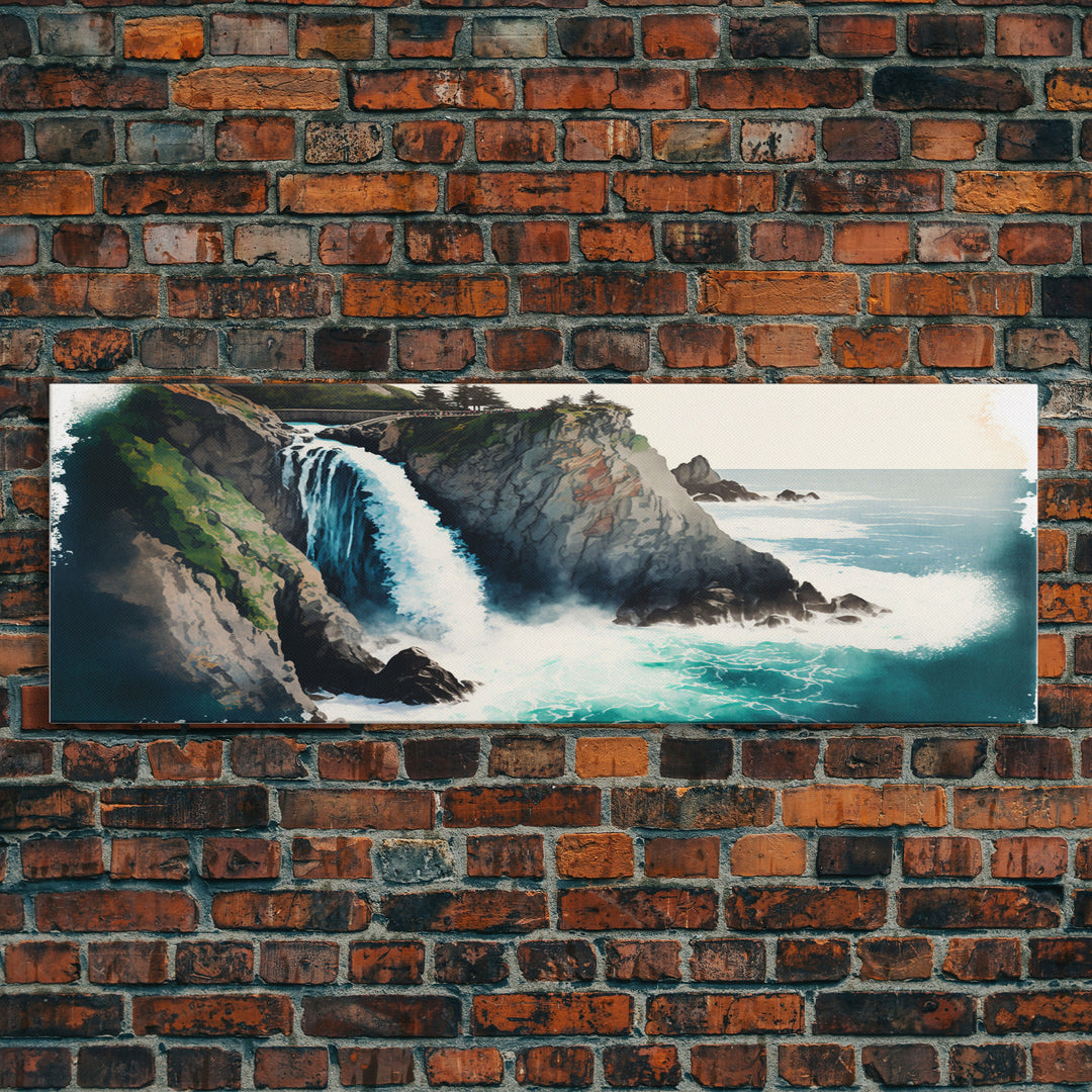 Panoramic Framed Canvas Print - Watercolor Fantasy Waterfall - Home Decor, Living Room, Secret Water Fall, Fantasy Art