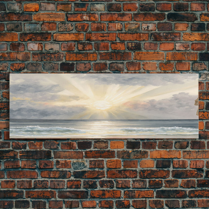 Whimsical Beach Sunset Art Watercolor, Framed Canvas Print, Panoramic Lakehouse Art, Light Pastels, Ultra Wide Format Above Bed Art