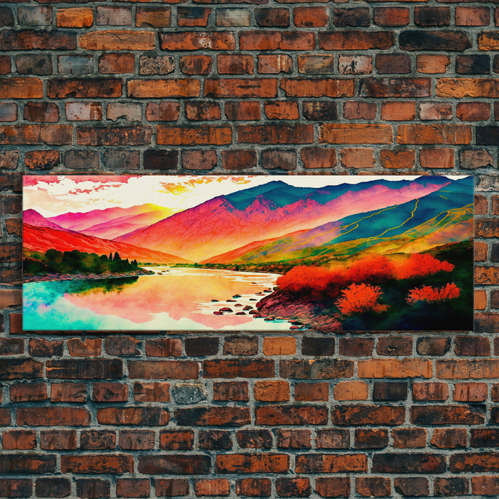 Colorful Abstract Watercolor Landscape, Framed Panoramic Canvas Print, Wide Art, Rainbow landscape painting, surrealist art