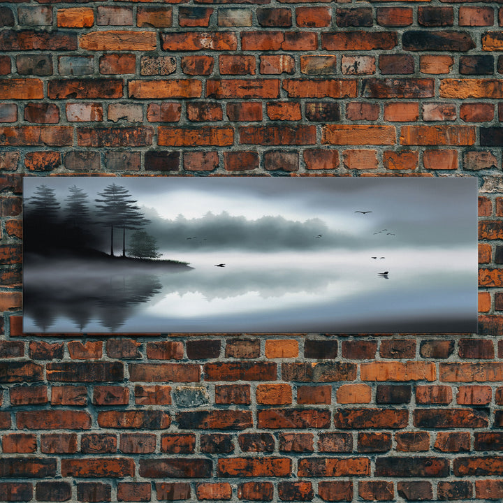 Pacific Northwest Lake & Pine Tree Forest Foggy Watercolor Canvas Print - Framed Panoramic Wall Art Home Decor
