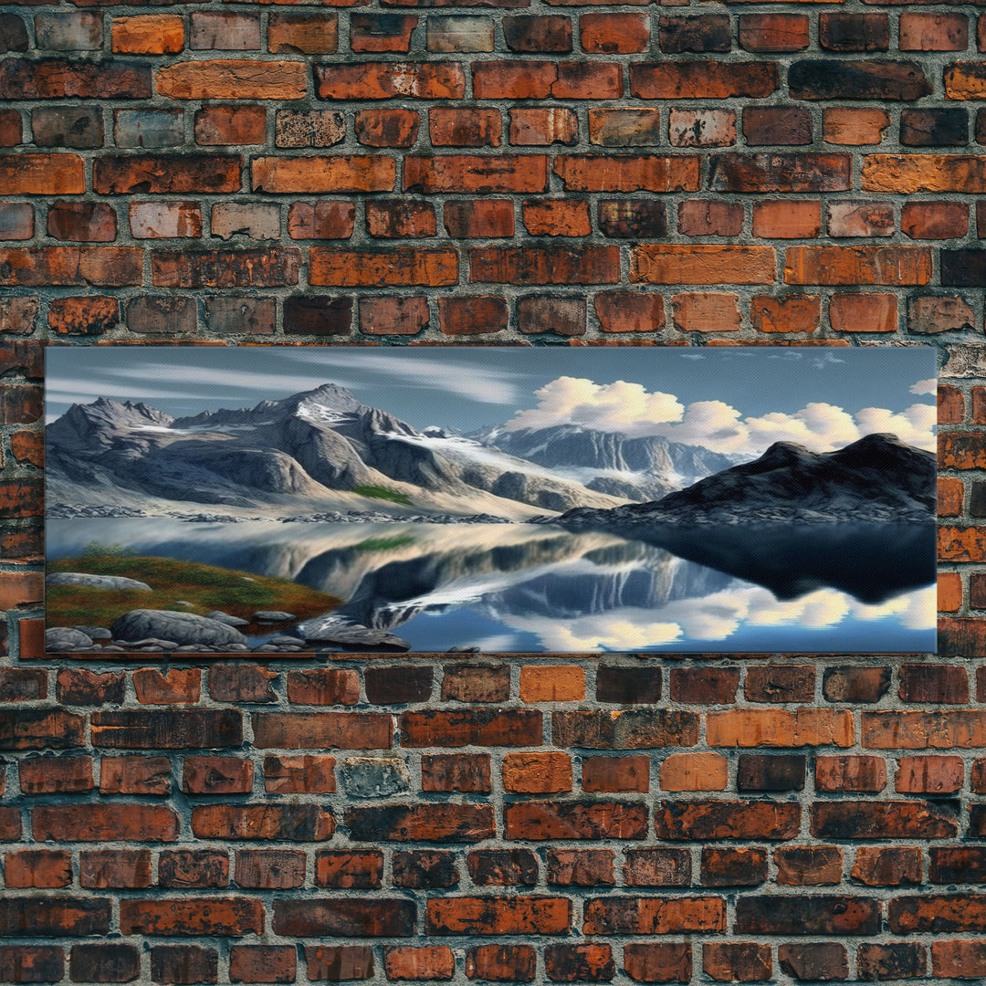 Panoramic Framed Canvas Print of Snow Covered Mountain & Reflection in Lake - Watercolor Landscape Painting for Home Decor