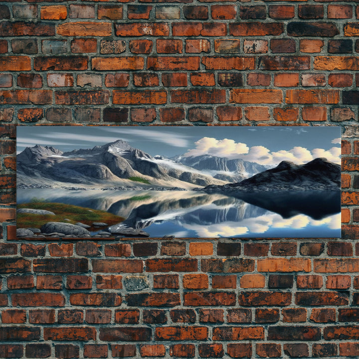 Panoramic Framed Canvas Print of Snow Covered Mountain & Reflection in Lake - Watercolor Landscape Painting for Home Decor