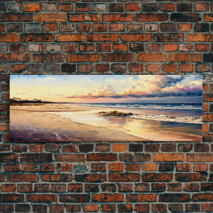 Panoramic Beach Sunset Canvas Print, Watercolor Landscape Framed Art, Whimsical Home Decor, Nature Wall Art, Wide Wall Art
