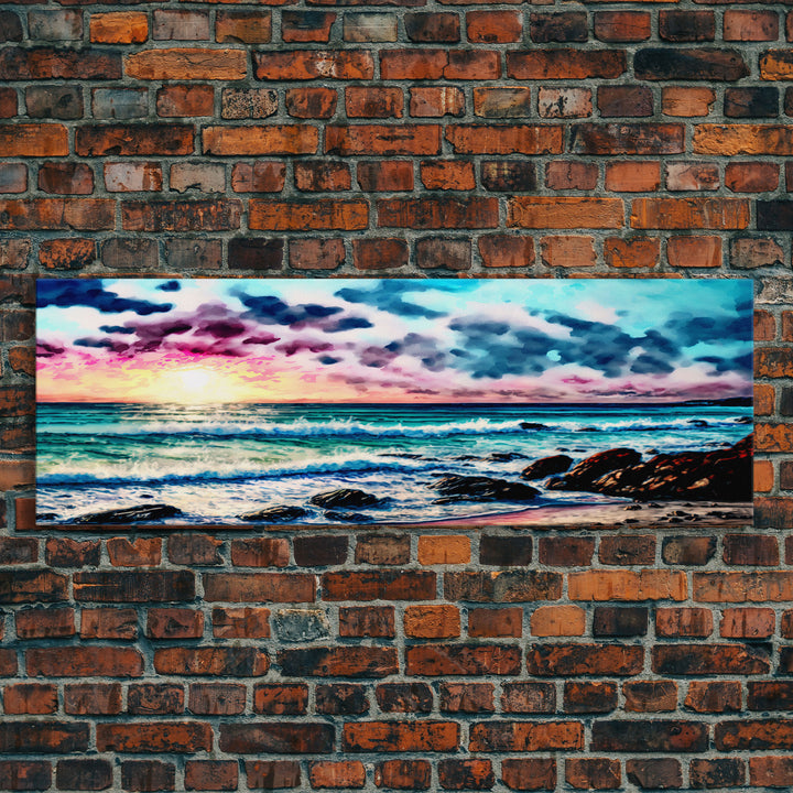 Vibrant Beach Panoramic Framed Canvas Print - Watercolor Landscape Painting with Clouds & Waves - For Home or Office Decor