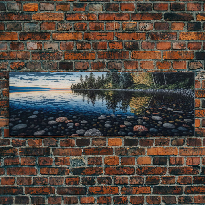 Pacific Northwest Stream or River Watercolor Panoramic Canvas Print | Framed | Colorful Pebbles | Vibrant Colors | Home & Office Décor