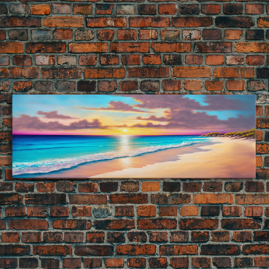 Panoramic Beach Sunset Framed Canvas Print, Watercolor Landscape Painting, Home & Office Decor