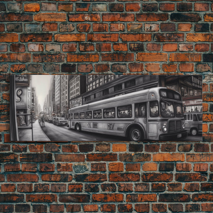 Detailed Street Pencil Sketch Canvas Print, City Wall Art, Bus, Cars, Traffic, Buildings, Urban Art Print, Panoramic, Wall Art, Canvas Print