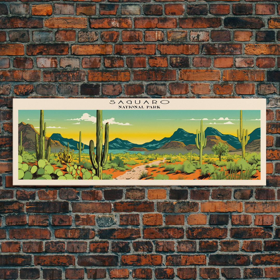 Saguaro  National Park Panoramic Arizona Travel Art, National Park Print, Minimalist Travel Art, Subdued Watercolor Painting Panoramic