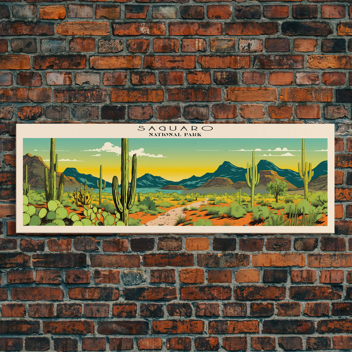Saguaro  National Park Panoramic Arizona Travel Art, National Park Print, Minimalist Travel Art, Subdued Watercolor Painting Panoramic