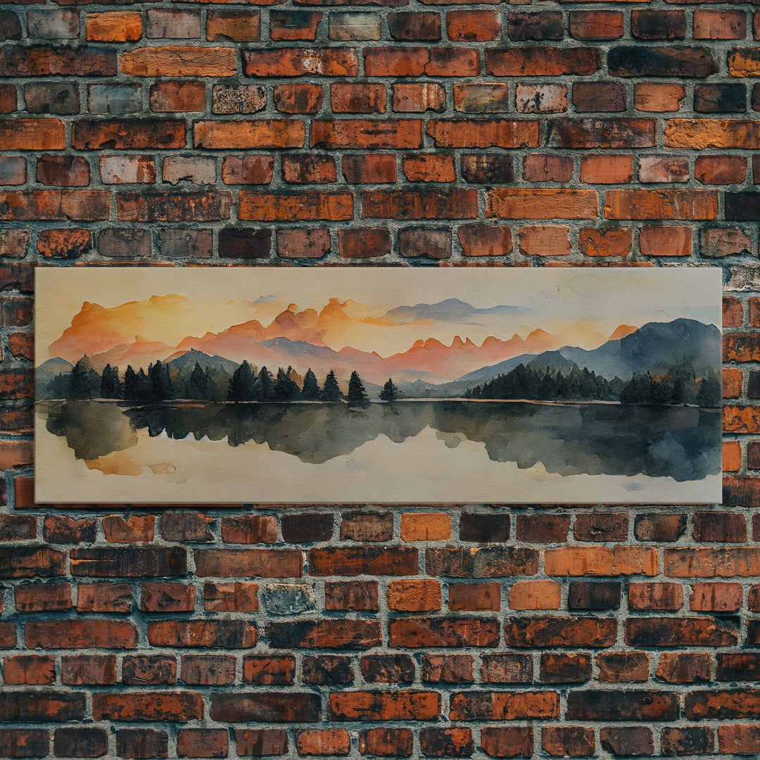 Unique watercolor painting of a forest fire, panoramic canvas print, ready to hang, gloomy wall decor