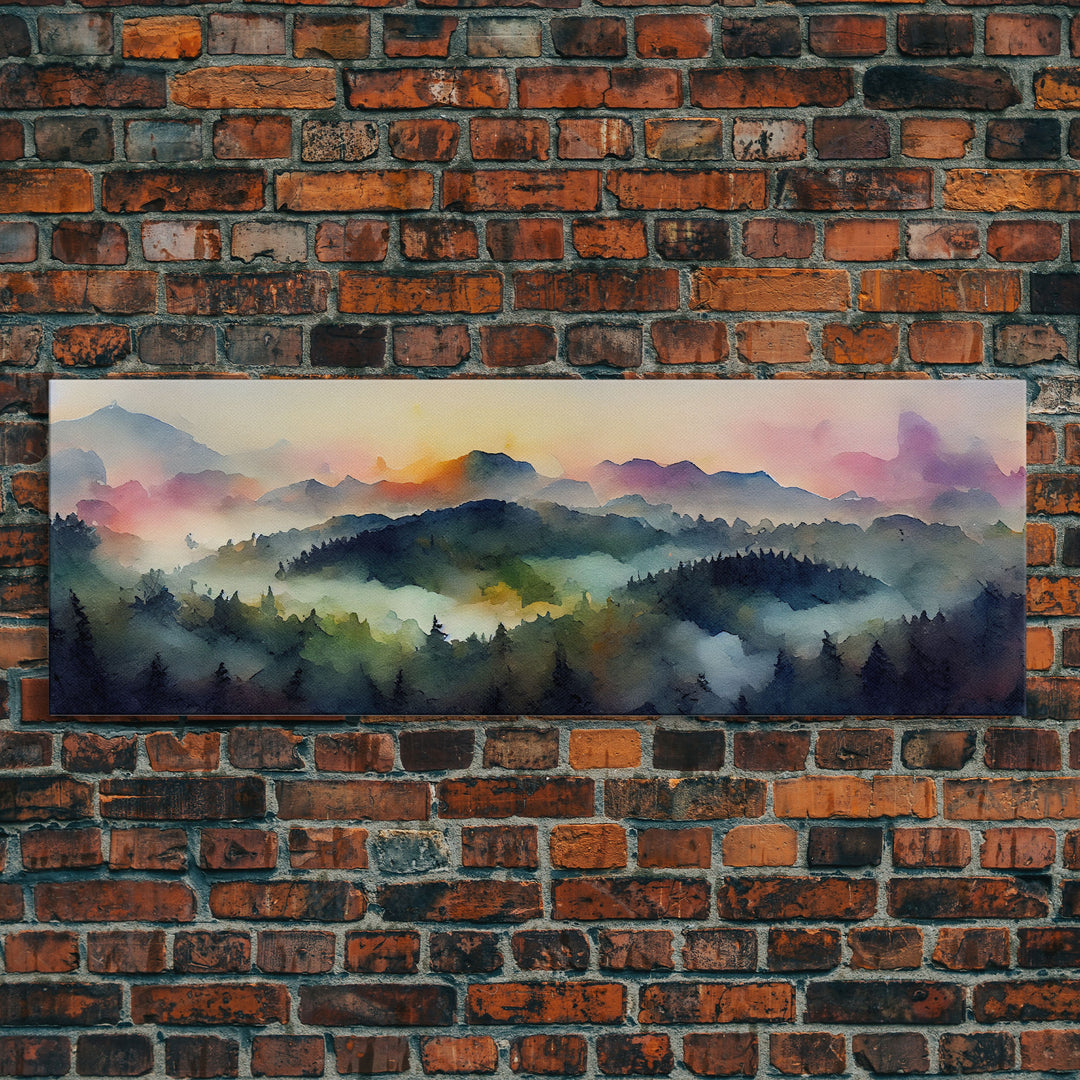 Dramatic Watercolor Sunset Landscape, Ready To Hang Canvas Print, Panoramic, Emerald Green Landscape Wall Decor