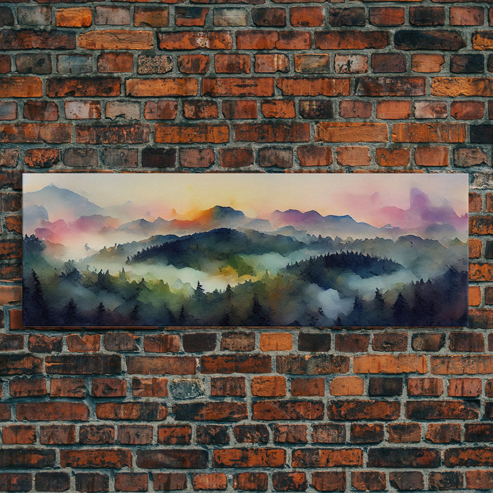 Dramatic Watercolor Sunset Landscape, Ready To Hang Canvas Print, Panoramic, Emerald Green Landscape Wall Decor