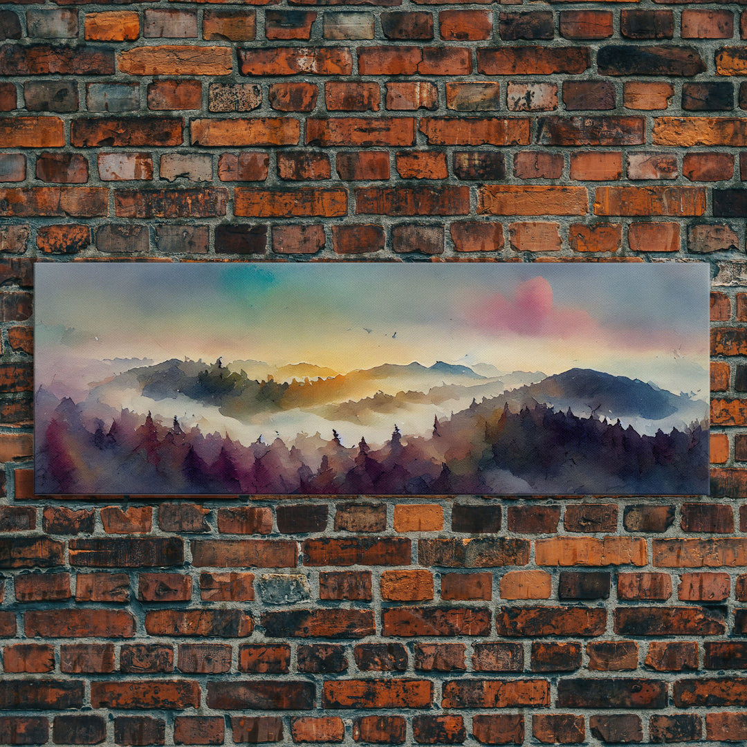 Dramatic Watercolor Sunset Landscape, Ready To Hang Canvas Print, Panoramic, Emerald Green Landscape Wall Decor, Watercolour Painting