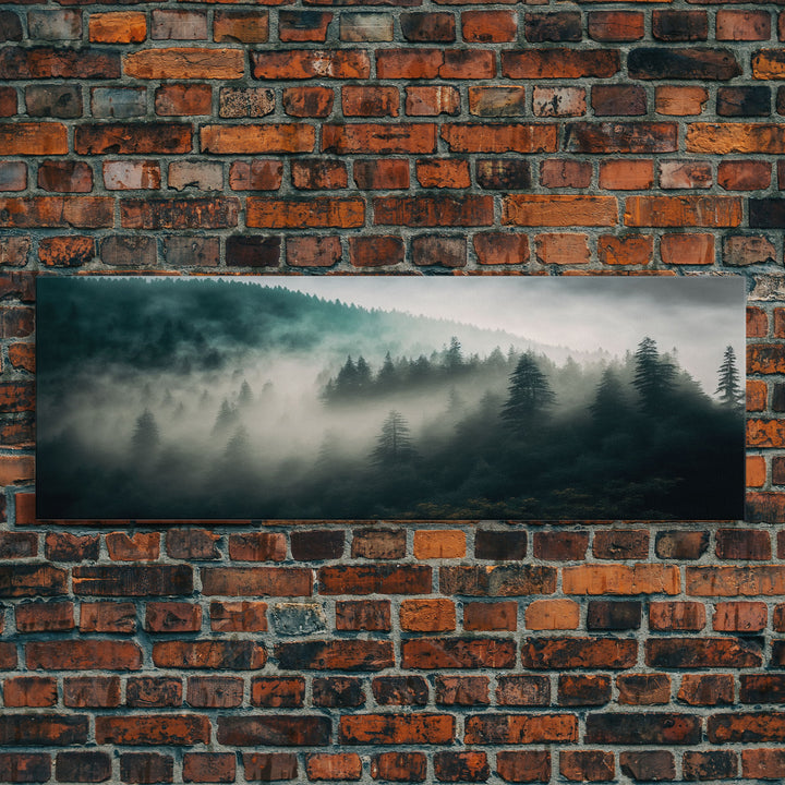 Panoramic watercolor of a misty forest fog, wall art, framed canvas print, farmhouse decor, foggy pine tree forest landscape, cabin art