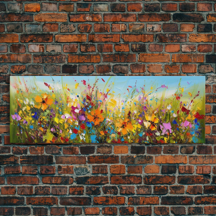 Panoramic Wild Flower Mural Canvas Print, Framed Wall Art, Minimalist Decor, Abstract Oil Painting Of Flowers, Floral Art