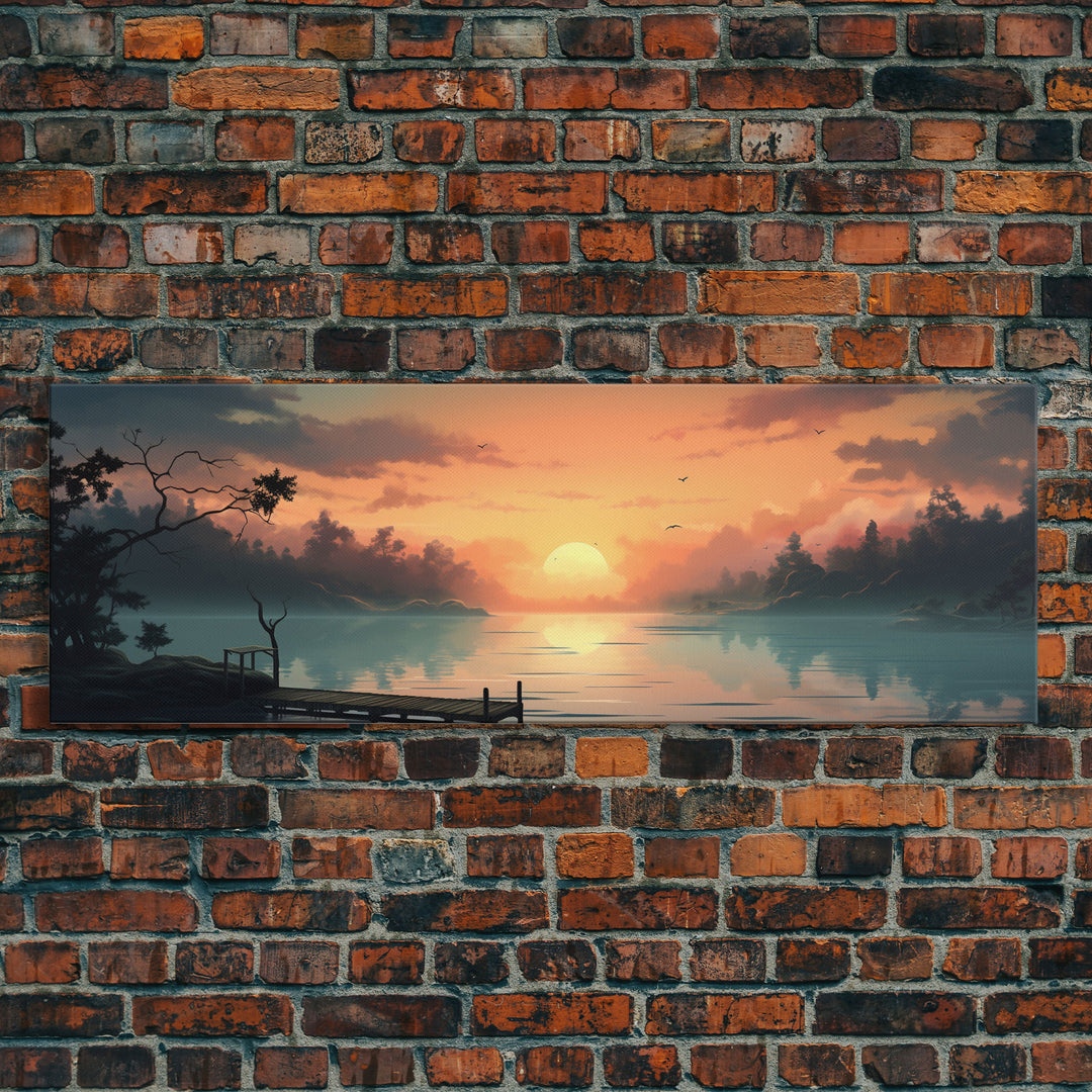 Custom Lakehouse Wall Art Framed Canvas Print, Gift For Him / Her, Lake House Decor, Watercolor Painting Of A Sunset Over The Lake