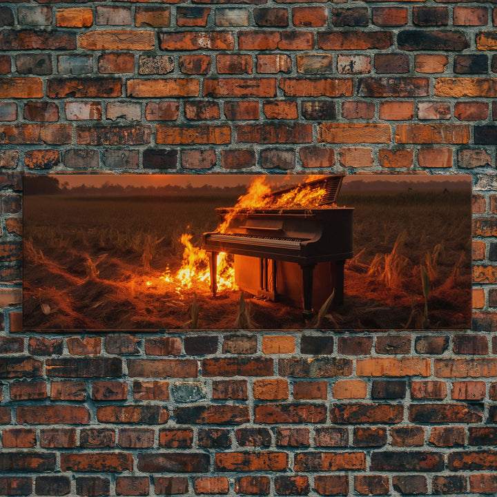 Urban Decay, Street Punk Art, Framed Canvas Print, Burning Grand Piano In A Field at Sunset, Dystopian Decor