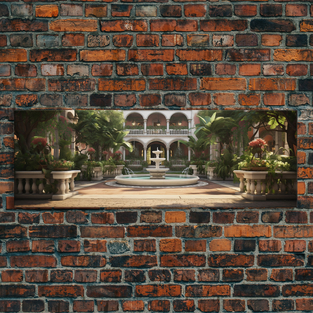 The Court Yard With The Marble Fountain, Framed Canvas Print, Watercolor Painting Framed Wall Art