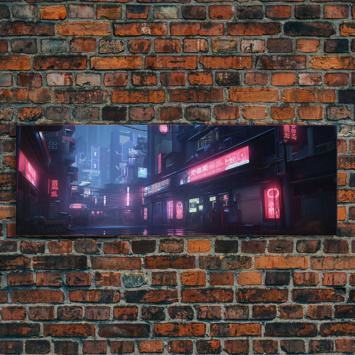 Neon Tokyo Streets, Futuristic Cyberpunk Cityscape Painting Framed Canvas Print, Game Room Decor, Framed Wall Art