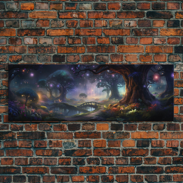 Spiritual Fantasy Forest Wall Art Print, Lanterns and Glowing Trees and Rivers, Fantasy Painting, Living Room Wall Art
