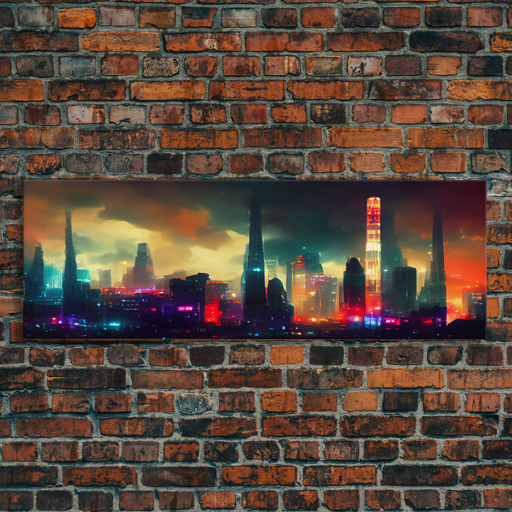 Cyber Punk Cityscape, Watercolor, Extra Large Wall Art, Framed Panoramic Canvas Print, Framed Wall Decor