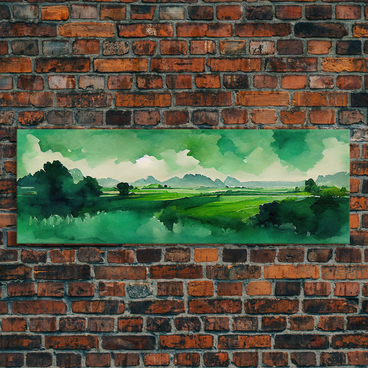 Watercolor Forest Landscape, Emerald Green, Extra Large Wall Art, Framed Panoramic Canvas Print, Framed Wall Decor