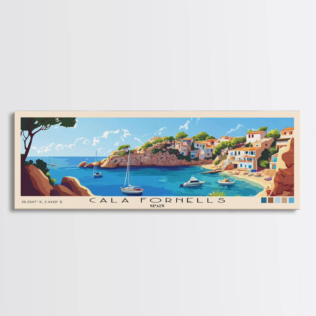 Cala Fornells, Spain Panoramic Beach Print, Vacation Gift, Spain Wall Art, Framed Canvas Print, Framed Beach Painting