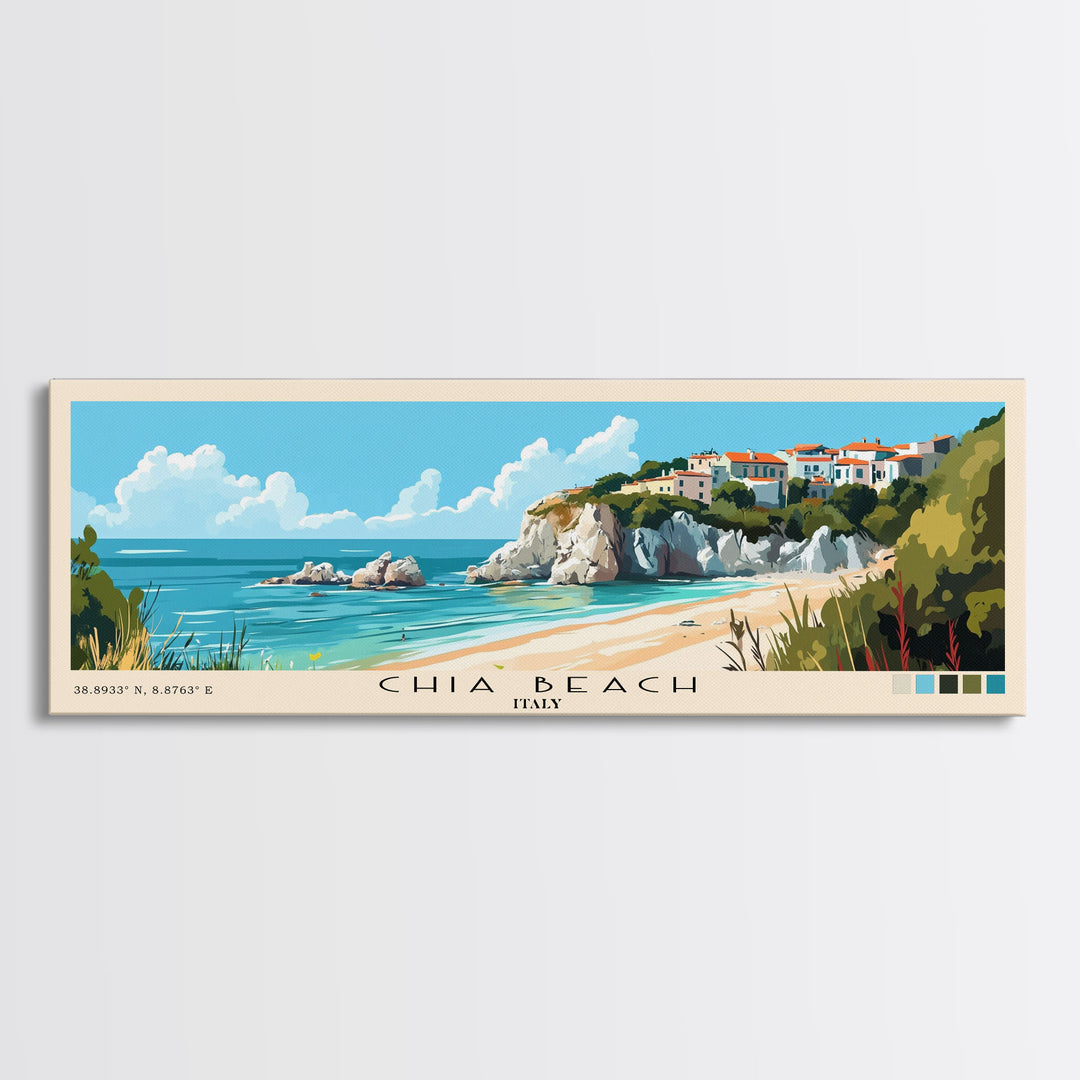 Chia Beach, Italy Panoramic Beach Print, Vacation Gift, Italy Wall Art, Framed Canvas Print, Framed Beach Painting