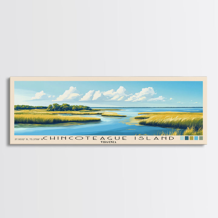 Chincoteague Island, Virginia Panoramic Beach Print, Vacation Gift, Virginia Wall Art, Framed Canvas Print, Framed Beach Painting