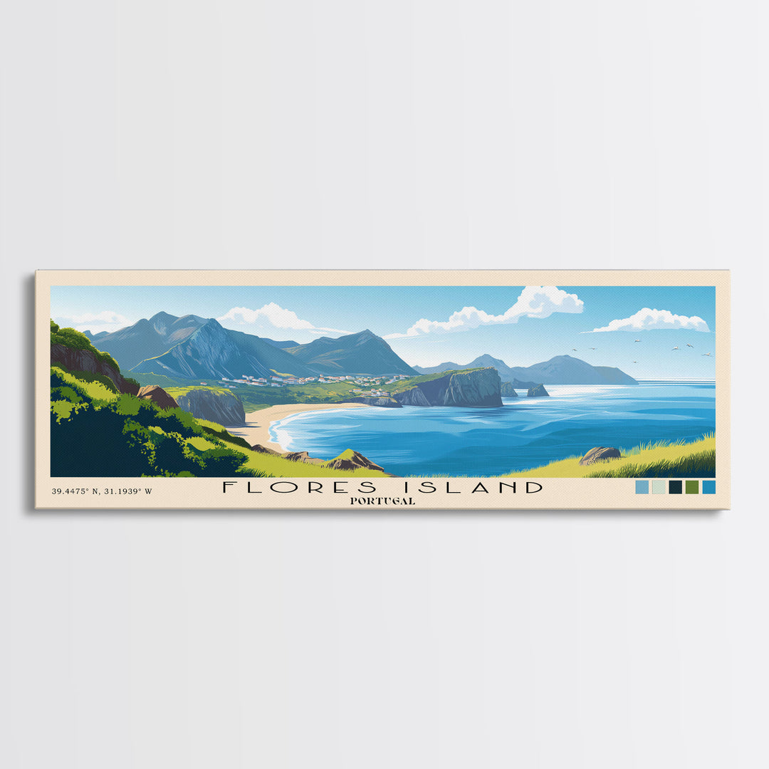 Flores Island, Portugal Panoramic Print, Vacation Gift, Portugal Wall Art, Beach Painting, Beach Decor, Large Wall Art, Wood Frame Art