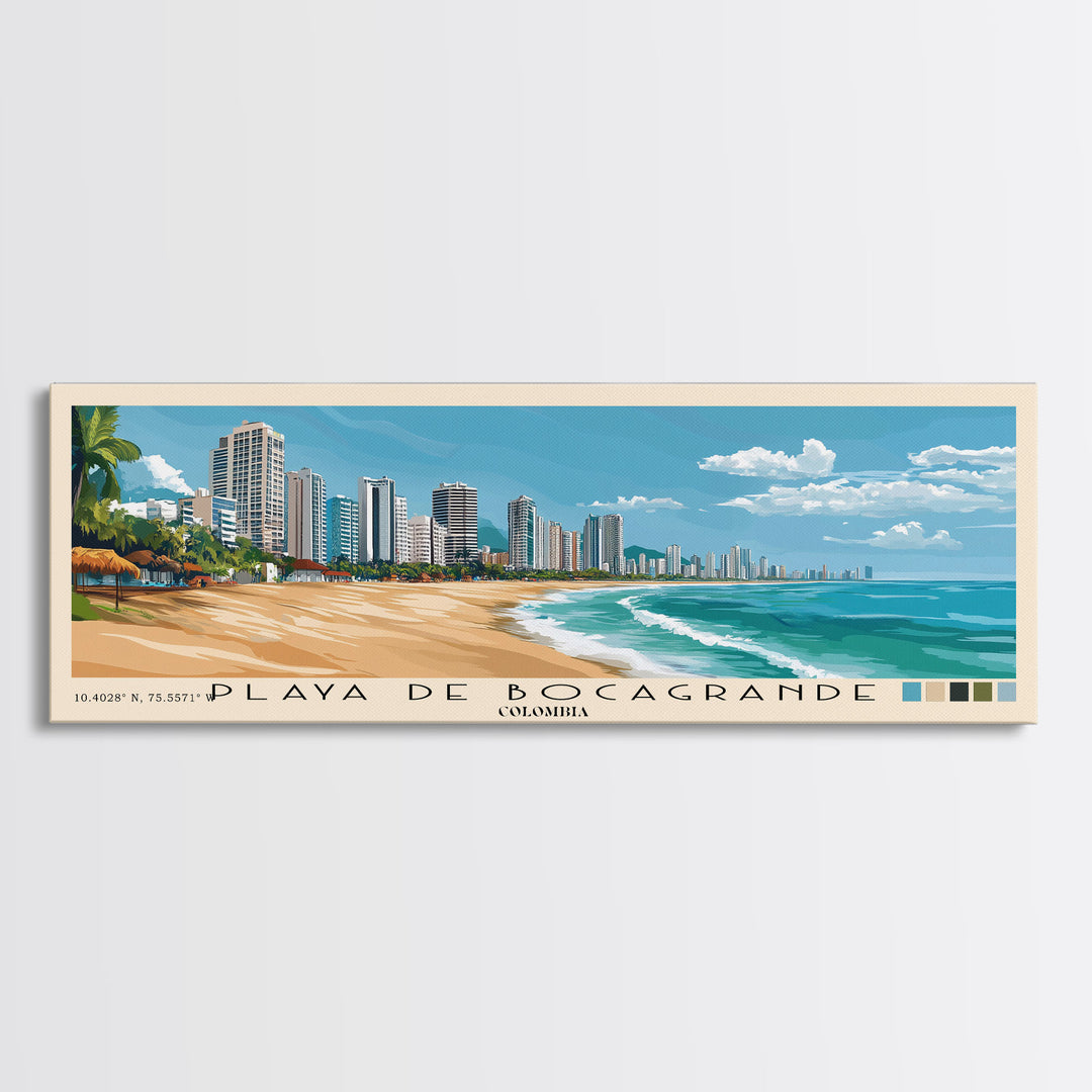 Playa de Bocagrande, Colombia Panoramic Beach Print, Vacation Gift, Colombia Wall Art, Framed Canvas Print, Framed Beach Painting