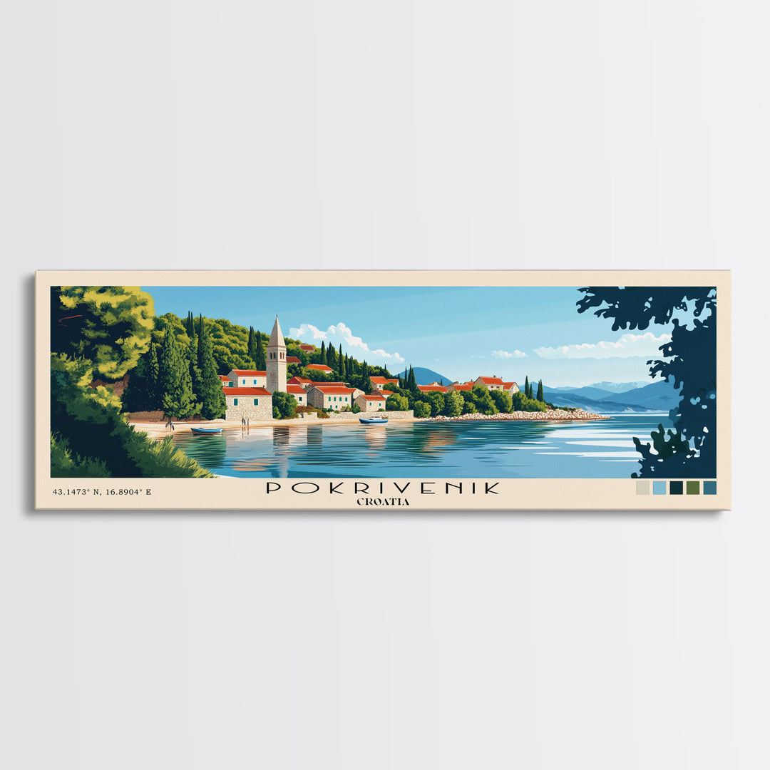 Pokrivenik, Croatia Panoramic Print, Vacation Gift, Croatia Wall Art, Beach Painting, Beach Decor, Beach Or Lakehouse Art
