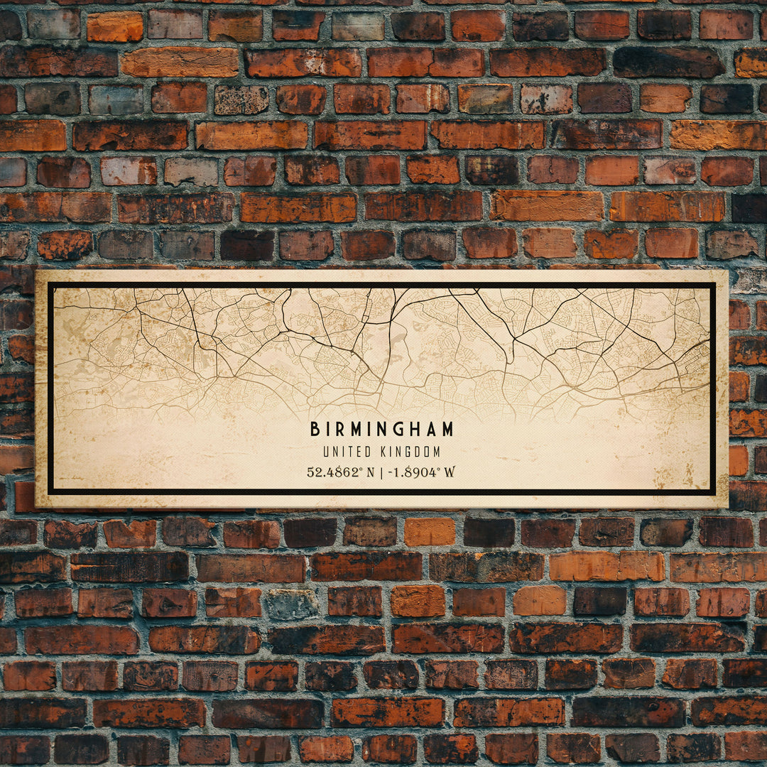 Panoramic Birmingham UK map print poster or framed canvas, map print poster canvas, UK city map print poster canvas, Vintage Travel Art