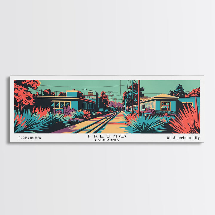 Fresno California Panoramic Framed Canvas Print, Travel Poster, Mid Century Modern Art, Pop Art Style, Wall Art, Home Decor, Living Room Art, Vintage Wall Art