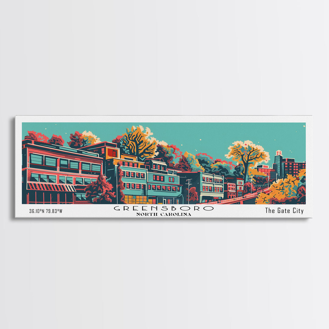 Greensboro North Carolina Travel Poster Framed Canvas Print, Panoramic Mid Century Modern Art, Pop Art Style, Wall Decor, Home Decor, Retro Style Art