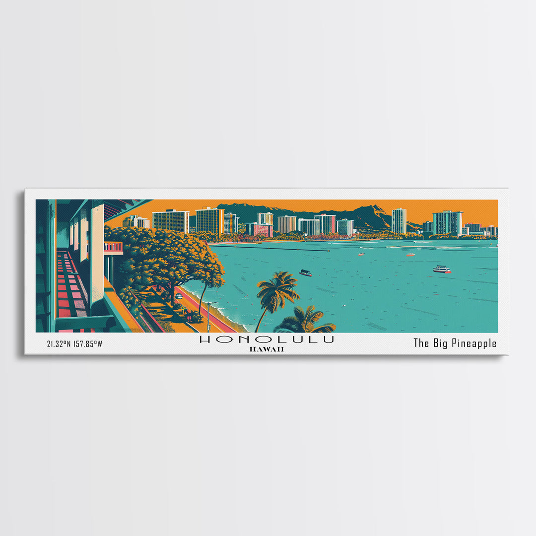 Honolulu Hawaii Panoramic Travel Poster Framed Canvas Print, Mid Century Modern Art, Pop Art Style, Wall Hanging, Home Decor, Vintage Wall Art, Office Wall Art