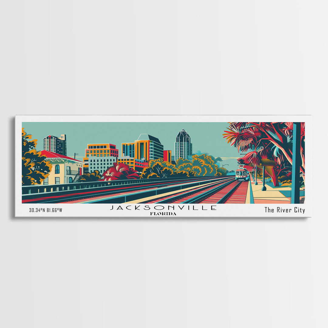 Jacksonville Florida Travel Poster Framed Canvas Print, Panoramic Mid Century Modern Art, Pop Art Style, Wall Art, Home Decor, Wall Hanging, Vintage Wall Art